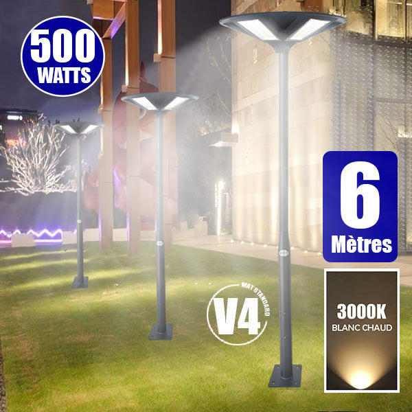 Pack lampadaire solaire complet 3/4/5/6 mètres au choix : Lampe solaire Série OVNI HERCULE + Mât EVO - Entraxe des trous 200mm - Noir