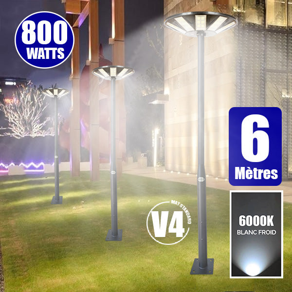 Pack lampadaire solaire complet 3/4/5/6 mètres au choix : Lampe solaire Série OVNI HERCULE + Mât EVO - Entraxe des trous 200mm - Noir