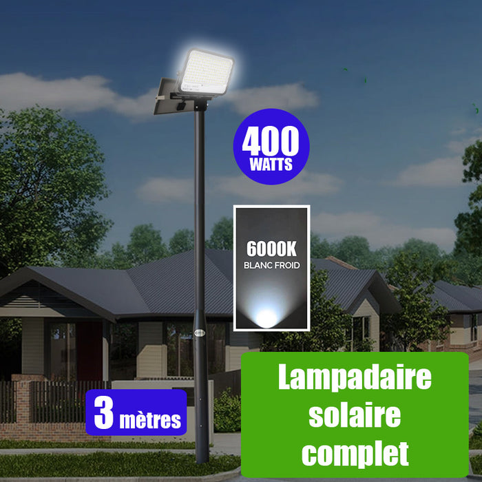Pack lampadaire solaire complet 3 mètres : Projecteur LED solaire - Série PERFORMANCE - 400 Watts - 2100 Lumens - 6000k + Mât STANDARD (V1 EVO ou V4 EVO - Avec trappe) + Tête de mât rectangulaire