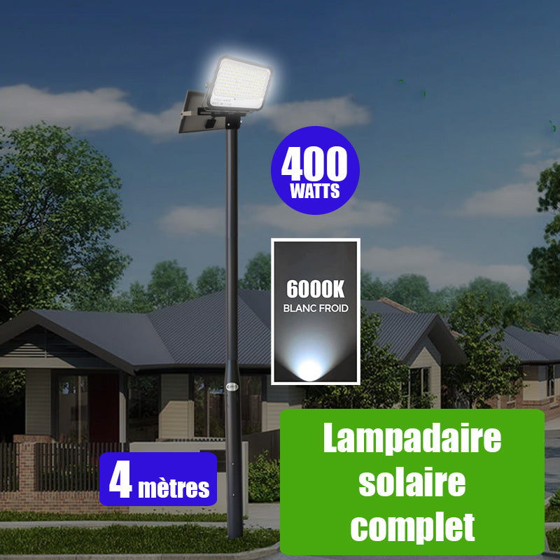Pack lampadaire solaire complet 4 mètres : Projecteur LED solaire - Série PERFORMANCE - 400 Watts - 2100 Lumens - 6000k + Mât STANDARD (V1 EVO ou V4 EVO - Avec trappe) + Tête de mât rectangulaire