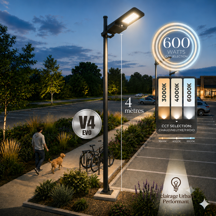 Pack lampadaire solaire complet 3/4/5/6 mètres au choix : Lampe solaire STREET EVO V2 + Mât EVO - Entraxe des trous 200mm - Noir