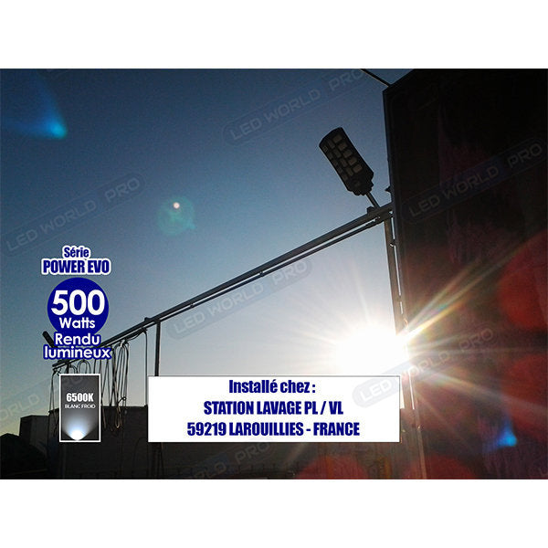 Pack lampadaire complet 5 mètres : Lampe solaire Série POWER EVO 500 - 500 Watts 6500k + Mât STANDARD 5 mètres
