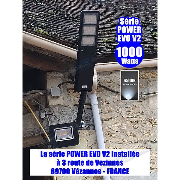 Pack lampadaire solaire complet 6 mètres : Lampe de rue solaire - Série POWER EVO V2 - 400 Watts - 1800 Lumens -  6500K + Mât STANDARD (V1 EVO ou V4 EVO - Avec trappe) + Support déporté 60mm ou Adaptateur tête de mât 60/80 mm