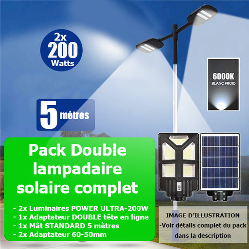 Pack lampadaire solaire complet double tête 5 mètres : 2x Lampes solaires Série POWER ULTRA - 200 Watts 6500k + Mât STANDARD 5 mètres + Double tête de mât en ligne ou perpendiculaire + Adaptateur 60/50mm
