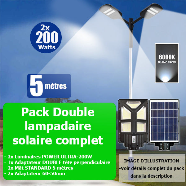 Pack lampadaire solaire complet double tête 5 mètres : 2x Lampes solaires Série POWER ULTRA - 200 Watts 6500k + Mât STANDARD 5 mètres + Double tête de mât en ligne ou perpendiculaire + Adaptateur 60/50mm