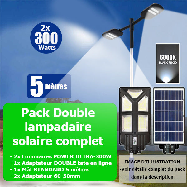 Pack lampadaire solaire complet double tête 5 mètres : 2x Lampes solaires Série POWER ULTRA - 300 Watts 6500k + Mât STANDARD 5 mètres + Double tête de mât en ligne ou perpendiculaire + Adaptateur 60/50mm