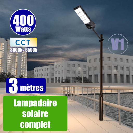 Pack lampadaire complet 3 mètres : Lampadaire solaire - Série POWER ULTRA V2 CCT 400 Watts - 1500 Lumens + Mât STANDARD 3 mètres au choix ( V1 EVO ou V4 ECO - Avec trappe) + Adaptateur ajustable 80/50mm ou Support déporté 45mm