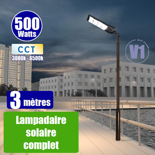 Pack lampadaire complet 3 mètres : Lampadaire solaire - Série POWER ULTRA V2 CCT 500 Watts - 2400 Lumens + Mât STANDARD 3 mètres au choix ( V1 EVO ou V4 ECO - Avec trappe) + Adaptateur ajustable 80/50mm ou Support déporté 45mm