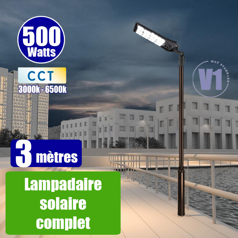 Pack lampadaire complet 3 mètres : Lampadaire solaire - Série POWER ULTRA V2 CCT 500 Watts - 2400 Lumens + Mât STANDARD 3 mètres au choix ( V1 EVO ou V4 ECO - Avec trappe) + Adaptateur ajustable 80/50mm ou Support déporté 45mm