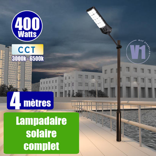 Pack lampadaire complet 4 mètres : Lampadaire solaire - Série POWER ULTRA V2 CCT 400 Watts - 1500 Lumens + Mât STANDARD 4 mètres au choix ( V1 EVO ou V4 ECO - Avec trappe) + Adaptateur ajustable 80/50mm ou Support déporté 45mm