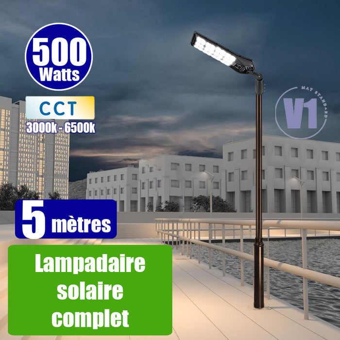 Pack lampadaire complet 5 mètres : Lampadaire solaire - Série POWER ULTRA V2 CCT 500 Watts - 2400 Lumens + Mât STANDARD V1 EVO 5 mètres + Adaptateur ajustable 80/50mm ou Support déporté 45mm