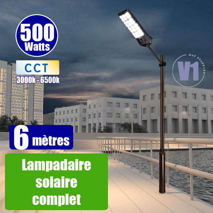 Pack lampadaire complet 6 mètres : Lampadaire solaire - Série POWER ULTRA V2 CCT 500 Watts - 2400 Lumens + Mât STANDARD V1 EVO 6 mètres + Adaptateur ajustable 80/50mm ou Support déporté 45mm