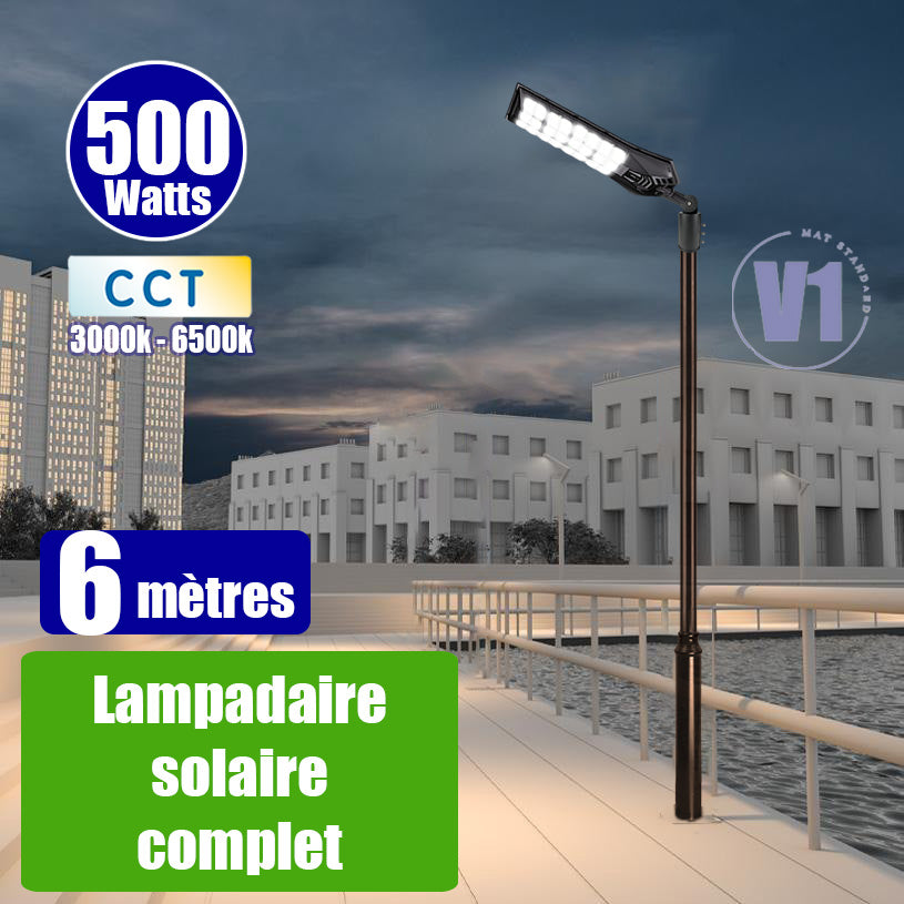 Pack lampadaire complet 6 mètres : Lampadaire solaire - Série POWER ULTRA V2 CCT 500 Watts - 2400 Lumens + Mât STANDARD V1 EVO 6 mètres + Adaptateur ajustable 80/50mm ou Support déporté 45mm