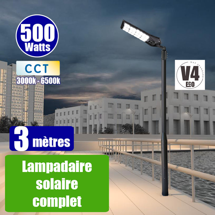 Pack lampadaire complet 3 mètres : Lampadaire solaire - Série POWER ULTRA V2 CCT 500 Watts - 2400 Lumens + Mât STANDARD 3 mètres au choix ( V1 EVO ou V4 ECO - Avec trappe) + Adaptateur ajustable 80/50mm ou Support déporté 45mm