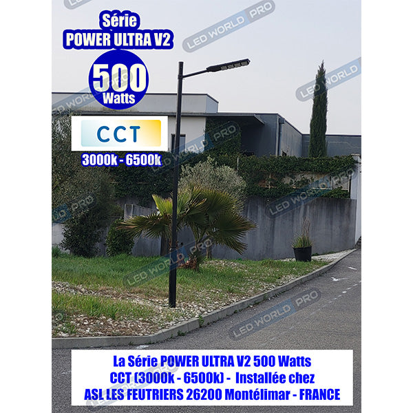 Pack de 2x Lampadaires solaires extérieurs de rue / parking - Série POWER ULTRA V2 CCT (Couleur Changeante en Température) - 400 Watts - 1500 Lumens - Angle 140*70° - IP66 - 58 x 27 x 7 cm - Télécommande - Détecteur de mouvement - Tube d’insertion 45 mm