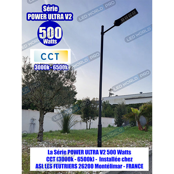 Pack de 2x Lampadaires solaires extérieurs de rue / parking - Série POWER ULTRA V2 CCT (Couleur Changeante en Température) - 400 Watts - 1500 Lumens - Angle 140*70° - IP66 - 58 x 27 x 7 cm - Télécommande - Détecteur de mouvement - Tube d’insertion 45 mm