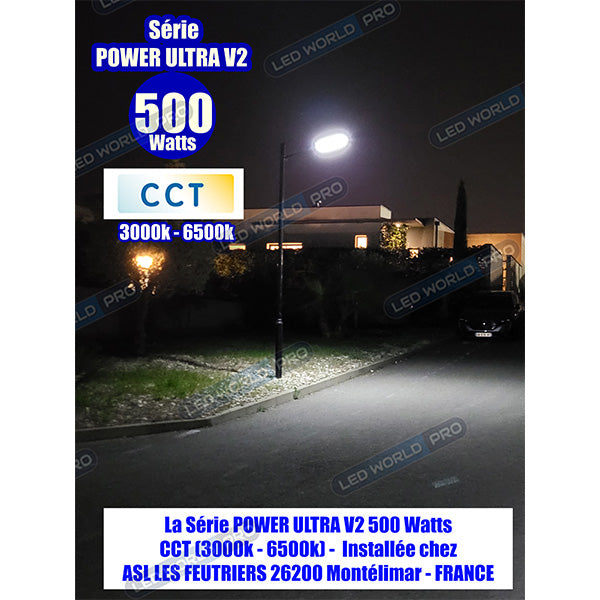 Pack de 2x Lampadaires solaires extérieurs de rue / parking - Série POWER ULTRA V2 CCT (Couleur Changeante en Température) - 400 Watts - 1500 Lumens - Angle 140*70° - IP66 - 58 x 27 x 7 cm - Télécommande - Détecteur de mouvement - Tube d’insertion 45 mm