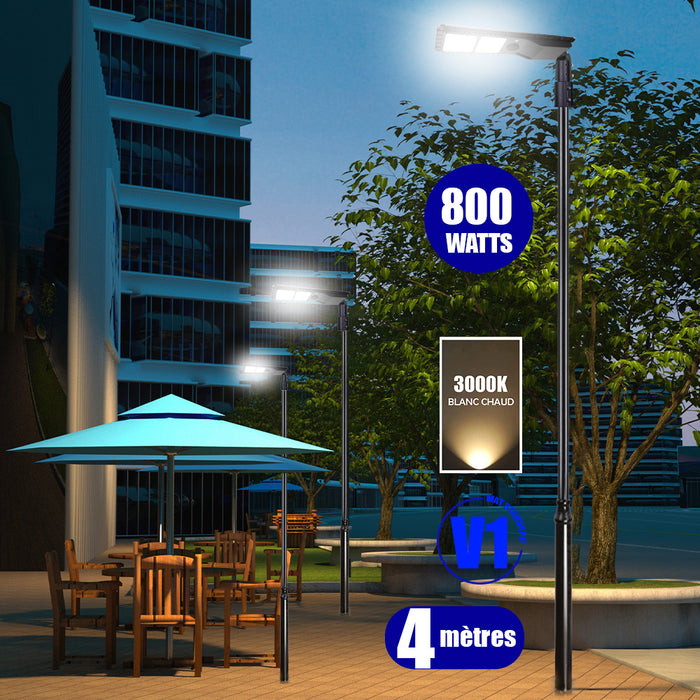 Pack lampadaire solaire complet 3/4/5/6 mètres au choix : Lampe solaire Série POWER EVO V2 + Mât EVO - Entraxe des trous 200mm - Noir