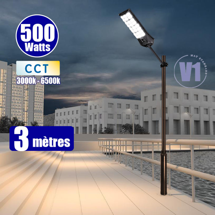 Pack lampadaire solaire complet 3/4/5/6 mètres au choix : Lampe solaire Série POWER ULTRA V2 + Mât EVO - Entraxe des trous 200mm - Noir