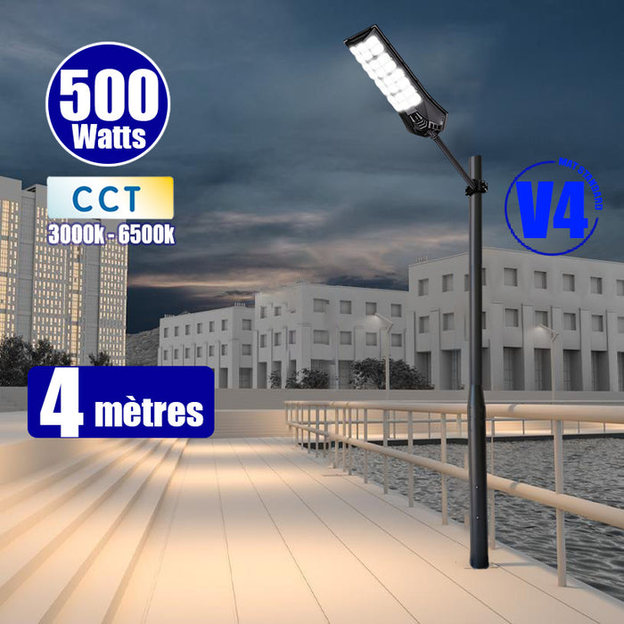 Pack lampadaire solaire complet 3/4/5/6 mètres au choix : Lampe solaire Série POWER ULTRA V2 + Mât EVO - Entraxe des trous 200mm - Noir