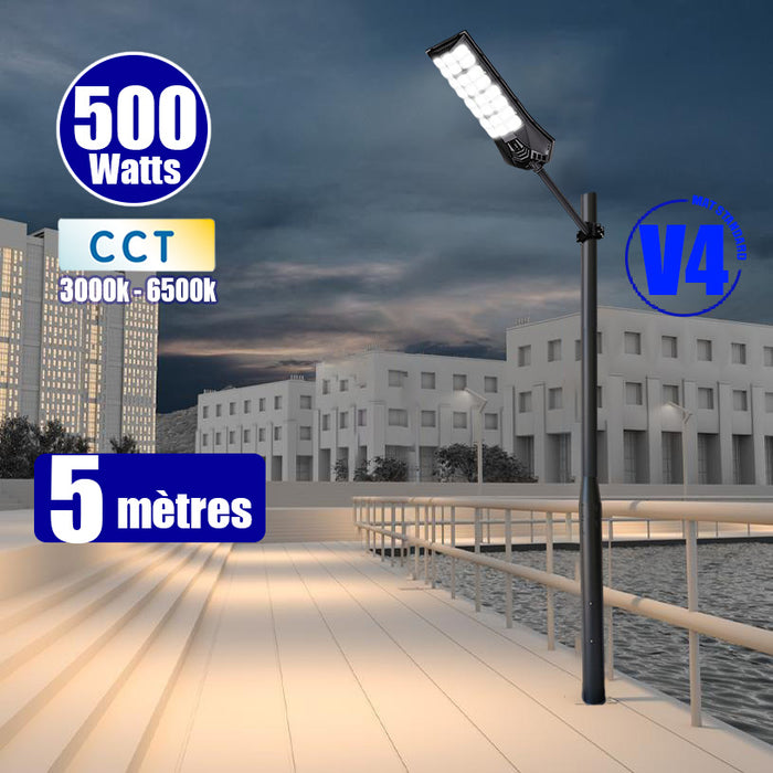 Pack lampadaire solaire complet 3/4/5/6 mètres au choix : Lampe solaire Série POWER ULTRA V2 + Mât EVO - Entraxe des trous 200mm - Noir