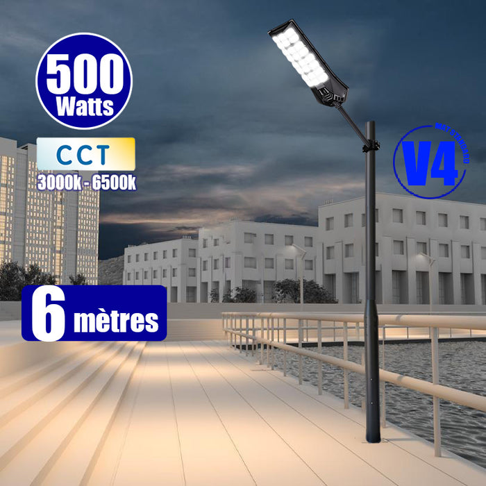 Pack lampadaire solaire complet 3/4/5/6 mètres au choix : Lampe solaire Série POWER ULTRA V2 + Mât EVO - Entraxe des trous 200mm - Noir