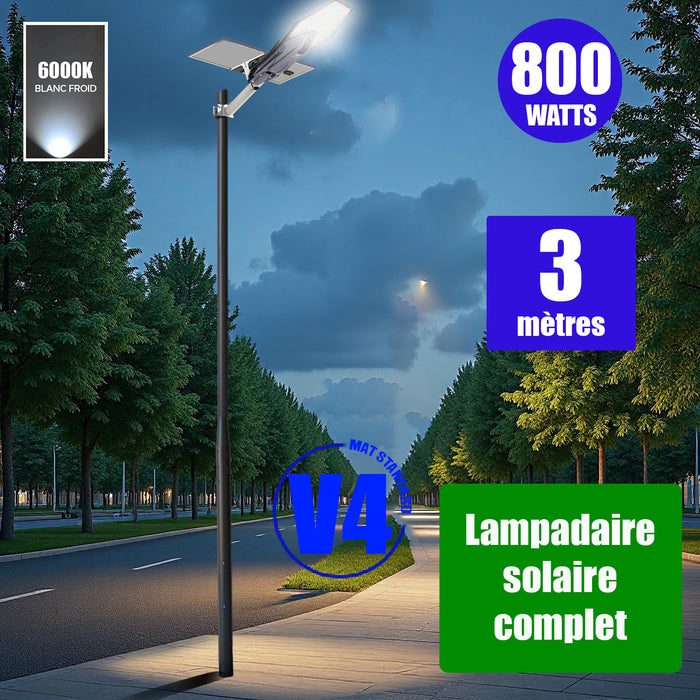 Pack lampadaire solaire complet 3/4/5/6 mètres au choix : Lampe solaire Série INTERSTELLAR + Mât EVO - Entraxe des trous 200mm - Noir