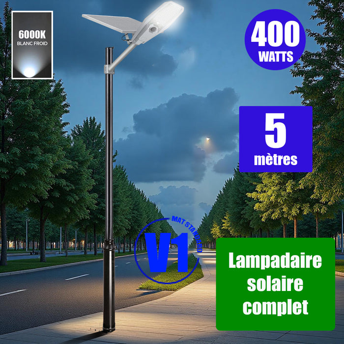 Pack lampadaire solaire complet 3/4/5/6 mètres au choix : Lampe solaire Série INTERSTELLAR + Mât EVO - Entraxe des trous 200mm - Noir