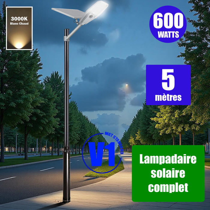 Pack lampadaire solaire complet 3/4/5/6 mètres au choix : Lampe solaire Série INTERSTELLAR + Mât EVO - Entraxe des trous 200mm - Noir