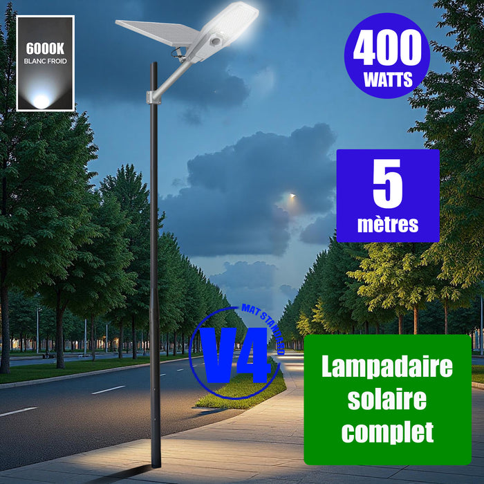Pack lampadaire solaire complet 3/4/5/6 mètres au choix : Lampe solaire Série INTERSTELLAR + Mât EVO - Entraxe des trous 200mm - Noir