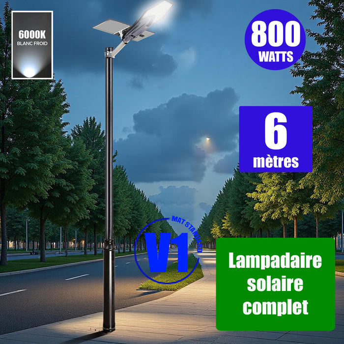 Pack lampadaire solaire complet 3/4/5/6 mètres au choix : Lampe solaire Série INTERSTELLAR + Mât EVO - Entraxe des trous 200mm - Noir