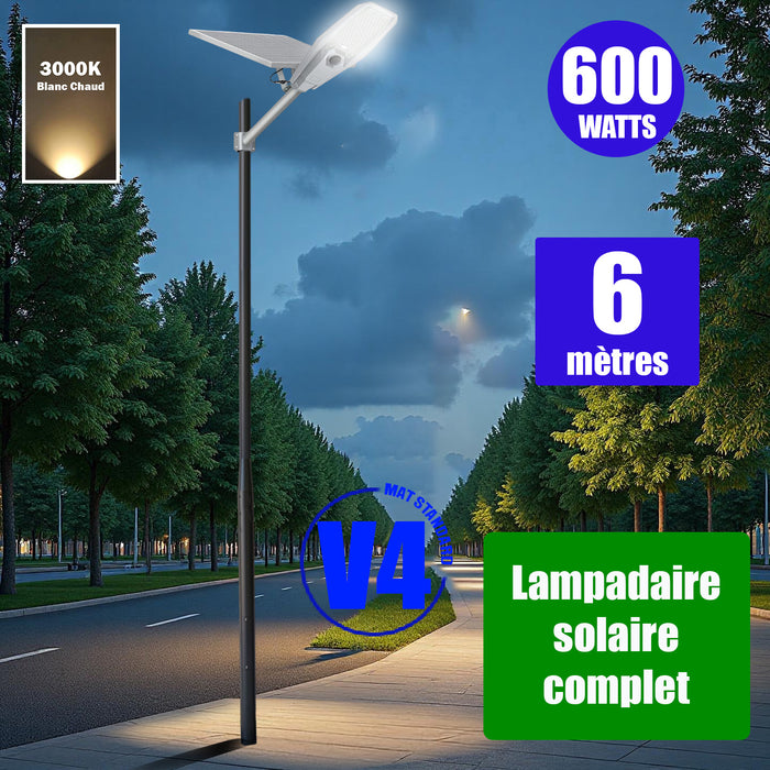 Pack lampadaire solaire complet 3/4/5/6 mètres au choix : Lampe solaire Série INTERSTELLAR + Mât EVO - Entraxe des trous 200mm - Noir