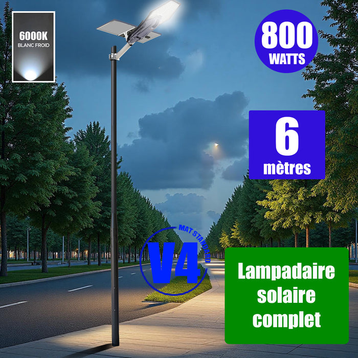 Pack lampadaire solaire complet 3/4/5/6 mètres au choix : Lampe solaire Série INTERSTELLAR + Mât EVO - Entraxe des trous 200mm - Noir