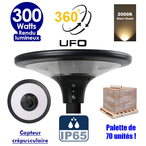 Palette de 70x Lampes solaires - Série OVNI SUN FLOWER V1 - Rendu lumineux 300 Watts - 2300 lumens -  Angle 360° - IP65 - 40 x 12 cm - 3000k - Capteur crépusculaire - Mode automatique - Diamètre tube d'insertion 60 mm - Gestion de l’éclairage intelligent