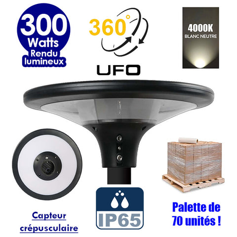 Palette de 70x Lampes solaires - Série OVNI SUN FLOWER V1 - Rendu lumineux 300 Watts - 2300 lumens -  Angle 360° - IP65 - 40 x 12 cm - 4000k - Capteur crépusculaire - Mode automatique - Diamètre tube d'insertion 60 mm - Gestion de l’éclairage intelligent