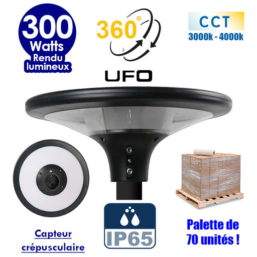 Palette de 70x Lampes solaires - Série OVNI SUN FLOWER V1 - Rendu lumineux 300 Watts - 2300 lumens -  Angle 360° - IP65 - 40 x 12 cm - CCT 3000k/4000k - Capteur crépusculaire - Mode automatique - Tube d'insertion 60 mm - Gestion de l’éclairage intelligent