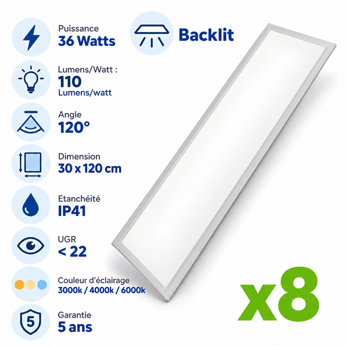 Pack de 8x Dalles LED - Dernière génération - BACKLIT - 30 x 120 cm - Série AMBITION L110 – 36 Watts - 3960 Lumens - 110 Lumens/Watt - Angle 120° - IP41 - UGR < 22 - 3000k/4000k/6000k - Garantie 5 ans