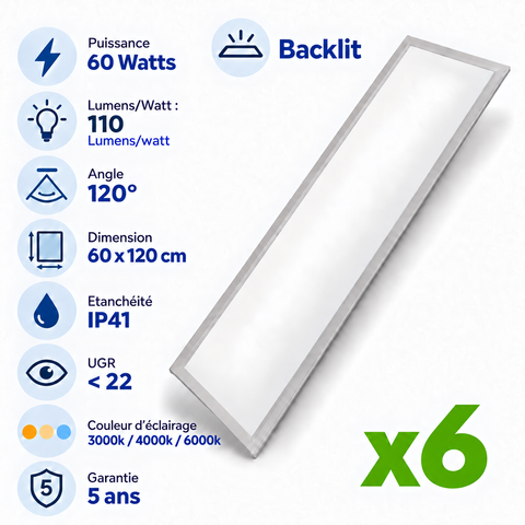 Pack de 6x Dalles LED - Dernière génération - BACKLIT - 60 x 120 cm - Série AMBITION L110 – 60 Watts - 6600 Lumens - 110 Lumens/Watt - Angle 120° - IP41 - UGR <22 - 3000k/4000k/6000k - Garantie 5 ans