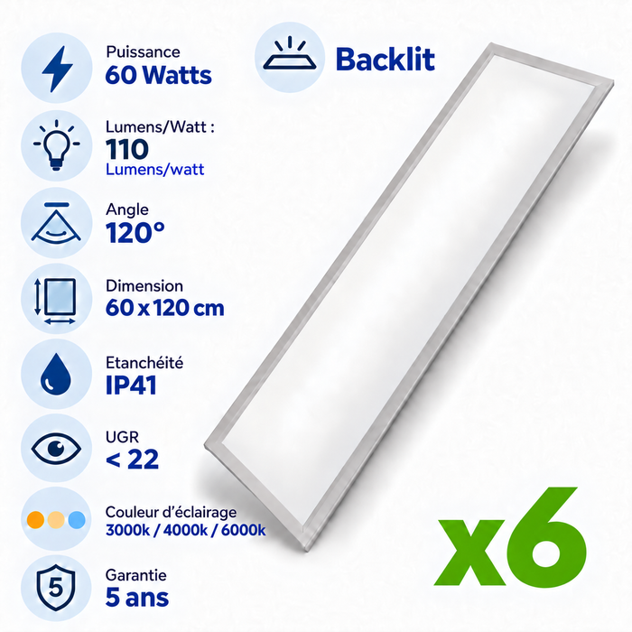 Pack de 6x Dalles LED - Dernière génération - BACKLIT - 60 x 120 cm - Série AMBITION L110 – 60 Watts - 6600 Lumens - 110 Lumens/Watt - Angle 120° - IP41 - UGR <22 - 3000k/4000k/6000k - Garantie 5 ans