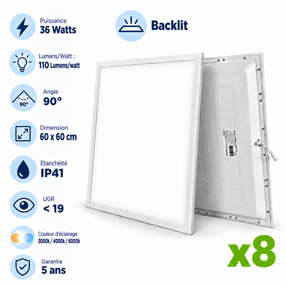 Pack de 8x Dalles LED - Ultra Haute Performance - BACKLIT - 60 x 60 cm - Série AMBITION L110 – 36 Watts - 3960 Lumens - 110 Lumens/Watt - Angle 90°- IP41 - UGR <19 - 3000K/4000k/6000k - Garantie 5