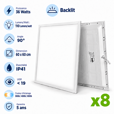 Pack de 8x Dalles LED - Ultra Haute Performance - BACKLIT - 60 x 60 cm - Série AMBITION L110 – 36 Watts - 3960 Lumens - 110 Lumens/Watt - Angle 90°- IP41 - UGR <19 - 3000K/4000k/6000k - Garantie 5