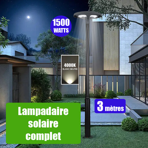 Pack lampadaire solaire complet 3 mètres : Lampe solaire pour extérieur - Série OVNI FUTUR V2 - 1500 Watts - 3200 Lumens - 4000k + Mât STANDARD 3 mètres + Adaptateur 60/80mm