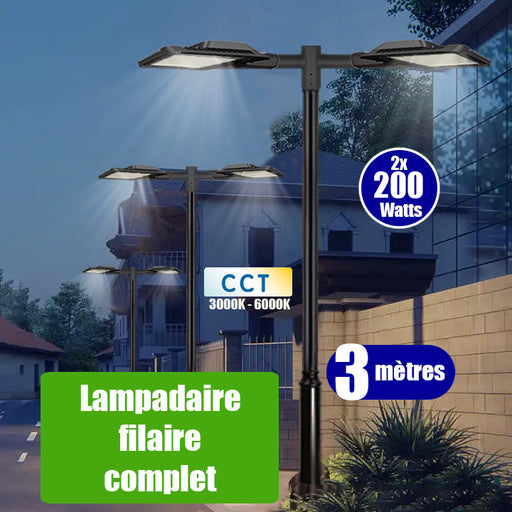 Pack lampadaire filaire complet double tête 3 mètres : 2x Lampadaires LED filaires - Série ALIZE P3 200 Watts CCT + Mât STANDARD - 3 mètres avec trappe + Double tête de mât en ligne