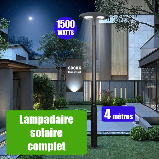 Pack lampadaire solaire complet 4 mètres : Lampe solaire pour extérieur - Série OVNI FUTUR V2 - 1500 Watts - 3200 Lumens - 6000k + Mât STANDARD 4 mètres