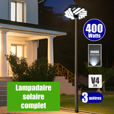 Pack lampadaire solaire complet 3 mètres : Lampe solaire - Série OVNI EMERAUDE - 400 Watts - 6000k + Mât STANDARD V4 ECO 3 mètres NOIR avec trappe - Entraxe latéral des trous 160mm