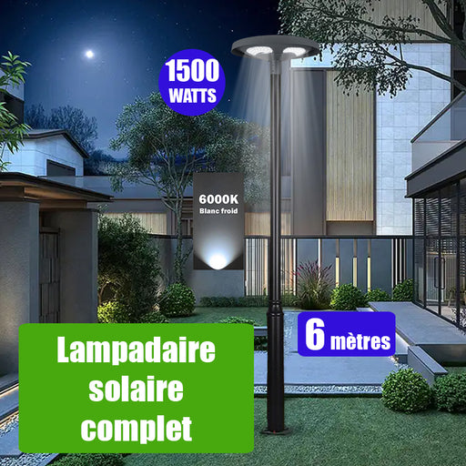 Pack lampadaire solaire complet 6 mètres : Lampe solaire pour extérieur - Série OVNI FUTUR V2 - 1500 Watts - 3200 Lumens - 6000k + Mât STANDARD 6 mètres + Adaptateur 60/80mm