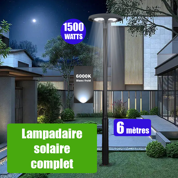 Pack lampadaire solaire complet 6 mètres : Lampe solaire pour extérieur - Série OVNI FUTUR V2 - 1500 Watts - 3200 Lumens - 6000k + Mât STANDARD 6 mètres