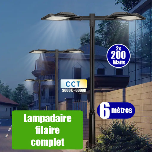 Pack lampadaire filaire complet double tête 6 mètres : 2x Lampadaires LED filaires - Série ALIZE P3 200 Watts CCT + Mât STANDARD V2 6 mètres - Avec TRAPPE + Double tête de mât en ligne