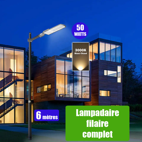 Pack lampadaire filaire complet 6 mètres : Lampe de rue filaire - Série FLEX ECO - 50 Watts - 3000k + Mât STANDARD V4 EVO - 6 mètres avec trappe + Support déporté 45mm ou Adaptateur rotatif 80/50 mm