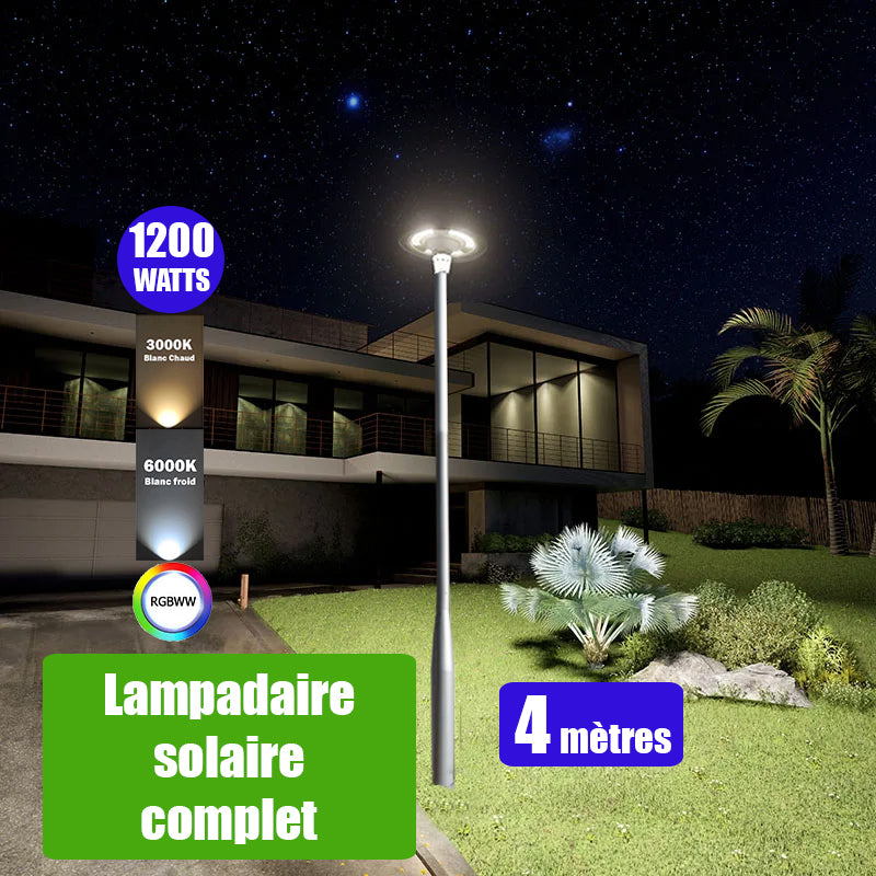 Pack lampadaire complet 4 mètres : Lampe solaire Série OVNI FUTUR 1200 Watts 3000k / 6000k / RGB + Mât STANDARD V3 - 4 mètres - Couleur Gris